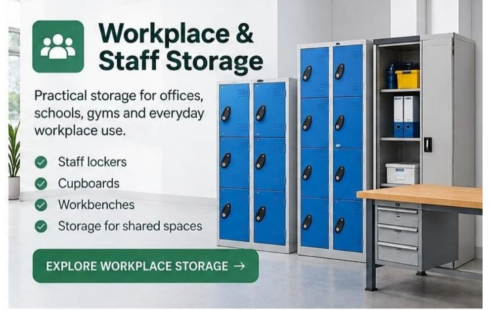 Workplace & Staff Storage Workplace storage including staff lockers, cupboards and workbenches for offices, schools, gyms and commercial workplaces.